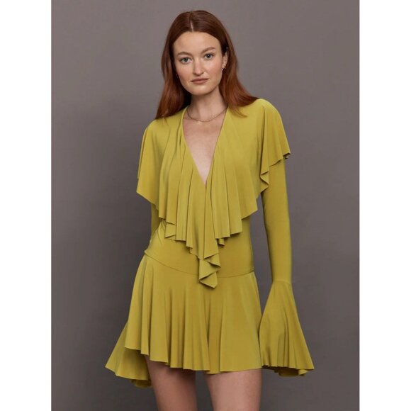 Norma Kamali Dresses & Skirts - Norma Kamali Long Sleeve Deep V Ruffle Mini Dress in Asparagus